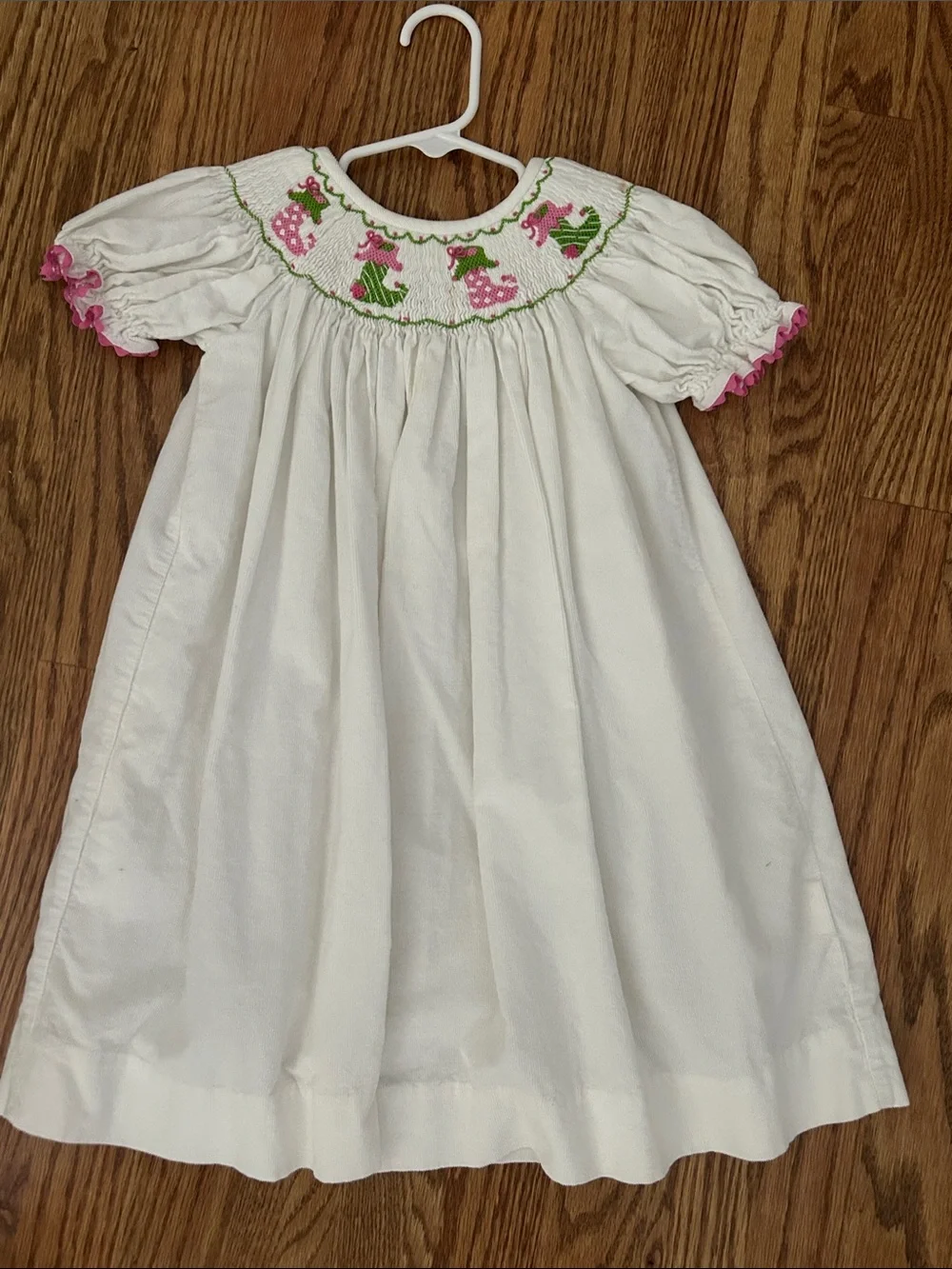 White Smocked Girls' Dress with Pink & Green Embroidery